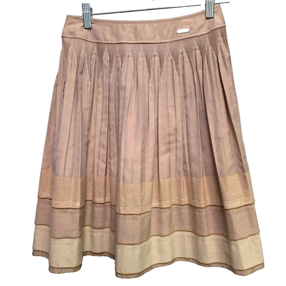 Courrèges Pleated Beige Logo Embroidered Knee‎ Skirt Size 38 (L) Lined Zip back